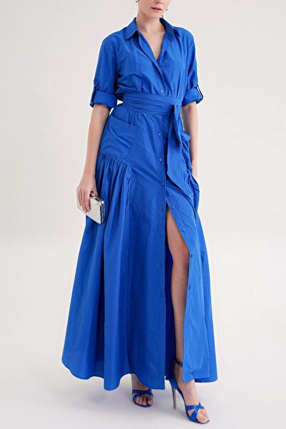 SOCIETA Mavi Büzgülü uzun tafta elbise 94646