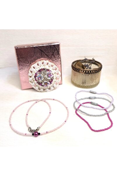 Amma Design Set Cadou Bijuterii Handmade Roz, Colier Broșă și 3 Brățări din Mărgele, Accesorii Inox