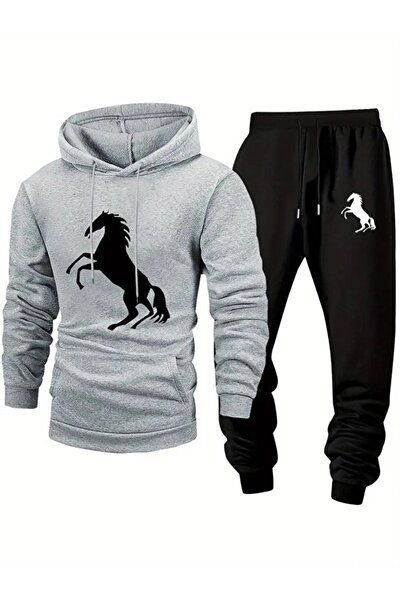 AEMİ Unisex at Horse Printed Hooded Sweatshirt and Jogger Sweatpants - Bottom Top Set