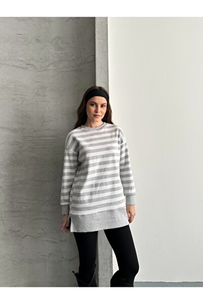 eyyebelle Women's Report Fabric Long Sleeve Crew Neck Side Slit Tunic