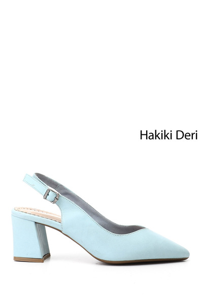 GÖNDERİ(R) Women's Blue Thick Heeled Open Back Genuine Leather Shoes