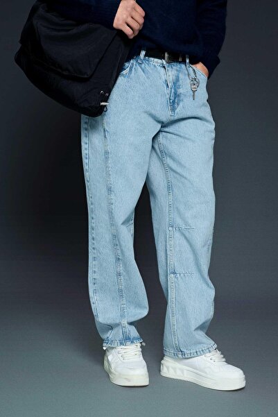 ablukaonline Men's Baggy Fit Stitching Detail Jean Pants Light Blue