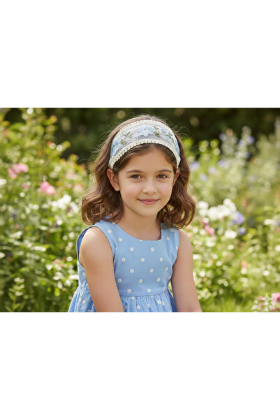 burjalmodah White lace hairband embroidered with blue flowers