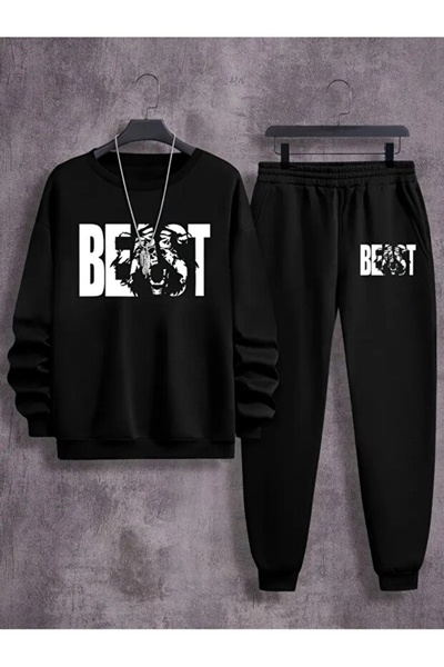AEMİ Unisex Beast Printed Crew Neck Sweatshirt and Jogger Sweatpants - Bottom Top Set