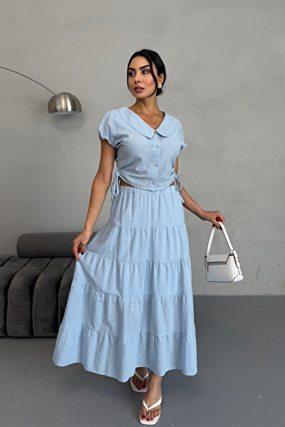 Ortaya Çık Light Blue Linen Side Gathered Shirt Skirt Set