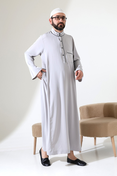 ihvan online Men's Hajj and Umrah Clothing Hakim Collar Long Dubai Crepe Cellabiye Fistan - Gray