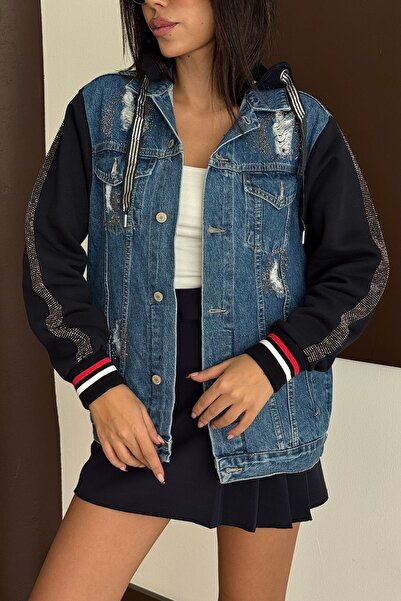 XRAY JEANS Women's Paneled Stone Hooded Blue Loose Denim Jacket