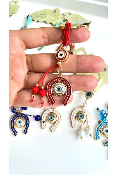 Cassime Red Horseshoe Patterned Gold Plated Evil Eye Keychain