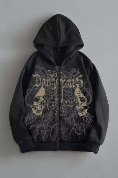 harmony factory Black Gothic Dangerous Double Skull Harajuku Y2K Hooded Unisex Cardigan