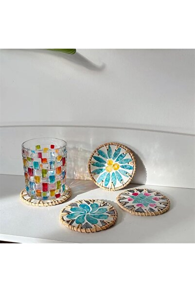 Cozy Nest Handmade Rattan Coasters with Mother of Pearl Inlay Round Heat Resistant Set of 4 Random Color