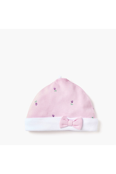Juniors Floral Print Beanie Cap with Bow Applique