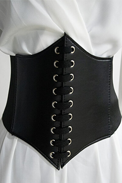 FashionForYou Centura corset Nemira neagra, lata, din piele ecologica, cu banda elastica si snururi, model1