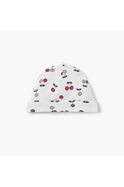 Juniors Cherry Print Beanie Cap with Knot Detail