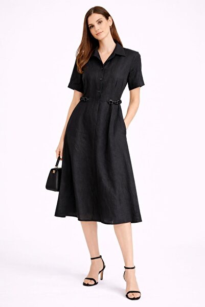 MG GİYİM STORE Women's Black Shirt Collar Short Sleeve Midi Belt Detailed