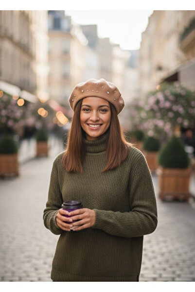 Mollycrush Kadın Bej Keçe Ressam Bere | Taş Detaylı Günlük