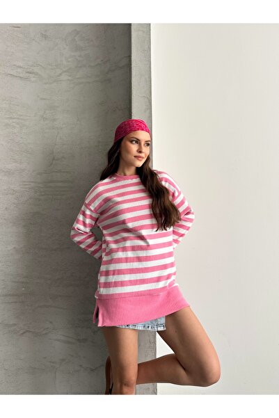 eyyebelle Women's Report Fabric Long Sleeve Crew Neck Side Slit Tunic