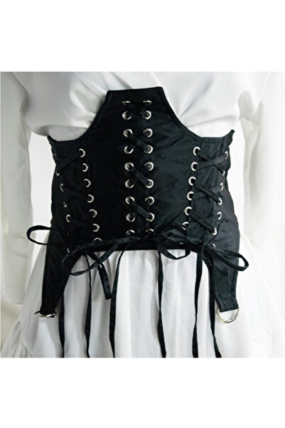 FashionForYou Centura corset Triple neagra, lata, din piele ecologica, cu banda elastica si snururi, model1