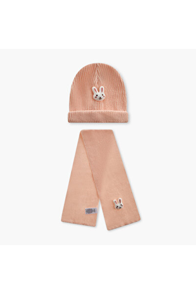 Juniors Bunny Applique Beanie Cap with Scarf