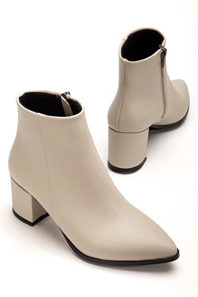 GİZZAH Krem Cilt Kadın Ökçeli Düz Sivri Bot