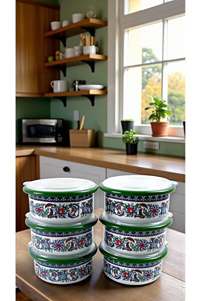 İnci Emaye 6 Piece Oversized, with Lid, Tile Tulip Patterned Enamel Breakfast...