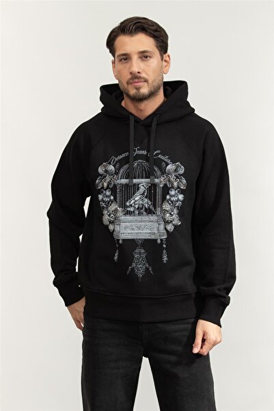 VERSACE JEANS COUTURE Heavy Fleece Not Brushed Erkek Kapüşonlu Sweatshirt Siyah