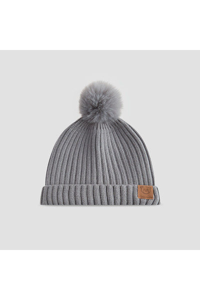 Juniors Ribbed Beanie with Pom-Pom Accent