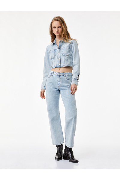 Koton Buttoned Regular Waist Cotton Stone Detailed Straight Leg Jeans with Po...