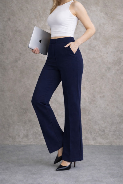 ROVELLA Likralı Yüksek Bel Lacivert Çırtcırtlı Palazzo Pantolon