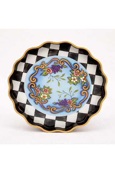 Karma Home Blue Amalfi Patterned Round Glass Tray – Decorative Presentation T...