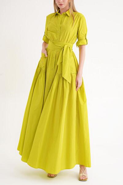 SOCIETA Asit Sarı Büzgülü uzun tafta elbise 94646