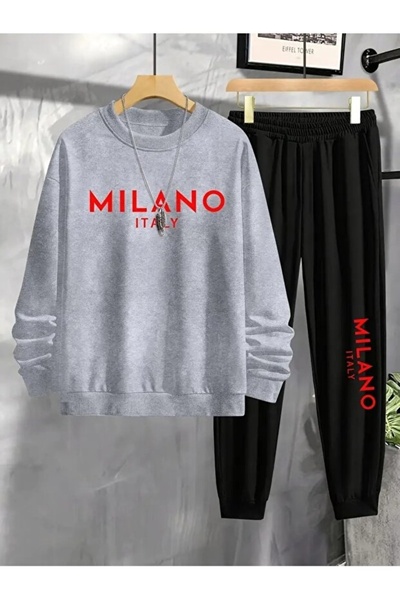 AEMİ Unisex Milano Printed Crew Neck Sweatshirt and Jogger Sweatpants - Bottom Top Set