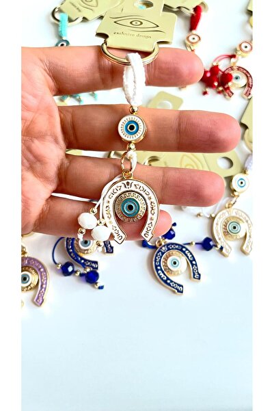 Cassime White Horseshoe Patterned Gold Plated Evil Eye Keychain