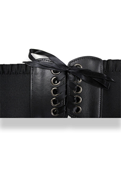 FashionForYou Centura corset JYN neagra, din piele ecologica, elastica, cu snur