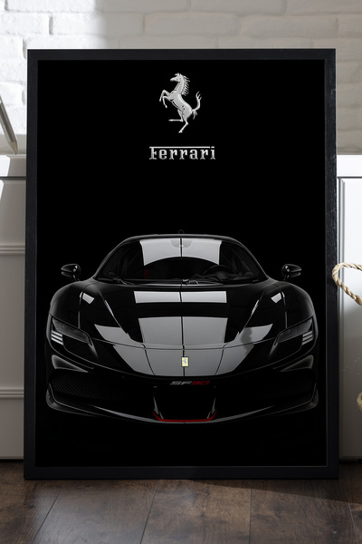 Duvarda Ferrari SF90 Siyah Ahşap Çerçeveli Poster, Dekoratif Araba Duvar Tablosu