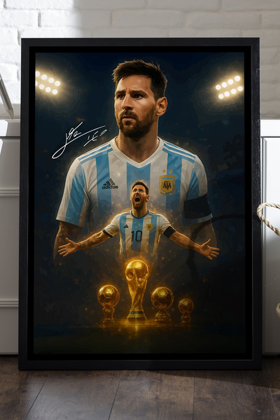 Duvarda Lionel Messi Siyah Ahşap Çerçeveli Poster, Dekoratif Futbol Duvar Tab...