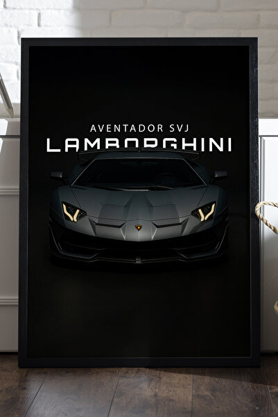Duvarda Lamborghini Aventador SVJ Siyah Ahşap Çerçeveli Poster, Dekoratif Ara...