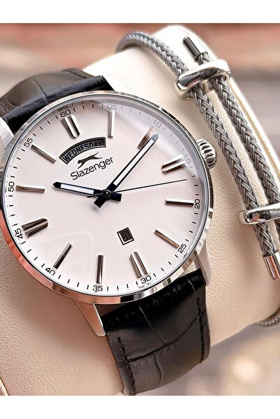 Slazenger Leather Cord Calendar Dial 10 Atm Water Resistant 2 Years Warranty Men's Wristwatch N2562.02