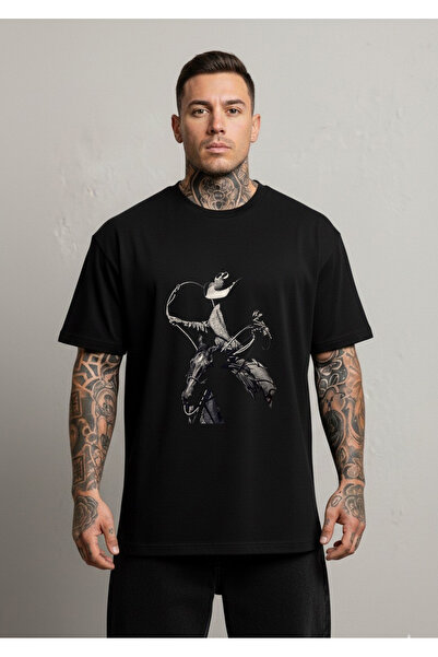 LORVEX تي شيرت At and Cowboy Front مطبوع قصة فضفاضة للجنسين من القطن - تي شيرت