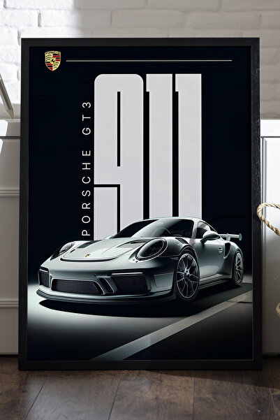 Duvarda Porsche 911 Siyah Ahşap Çerçeveli Poster, Dekoratif Araba Duvar Tablosu