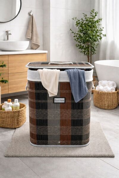 ALLEGRI Bambu Kare Kirli Çamaşır Sepeti Ekose Desen Organizer 40 x 30 x 60 Cm