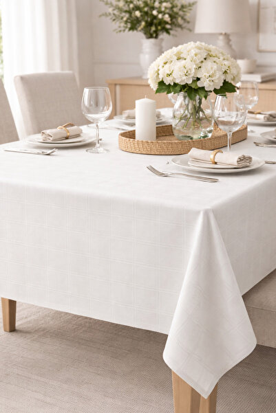 NazeninHome Checkered Satin Tablecloth White 100% Cotton 160X260 cm Without Napkin