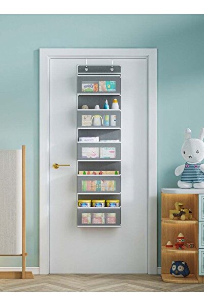 Arabest حقيبة تخزين رمادية قابلة للطي تُعلق على الباب مع نافذة شبكية شفافة، مناسبة لغرفة النوم أو غرفة الأطفال.