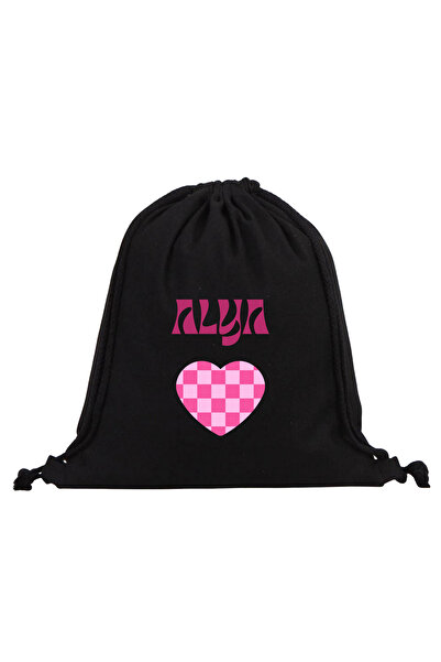 nehay shop Unisex Siyah İpli Bez Çanta Pembe Kalp Detaylı İsme Özel Tasarım B...