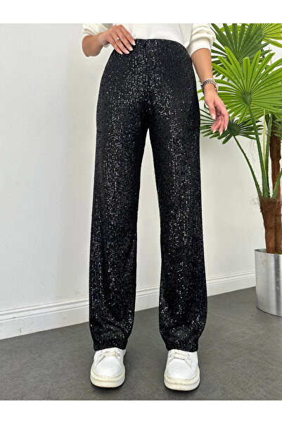 Lady Majestic Pantaloni largi cu talie elastică și paiete cu paiete