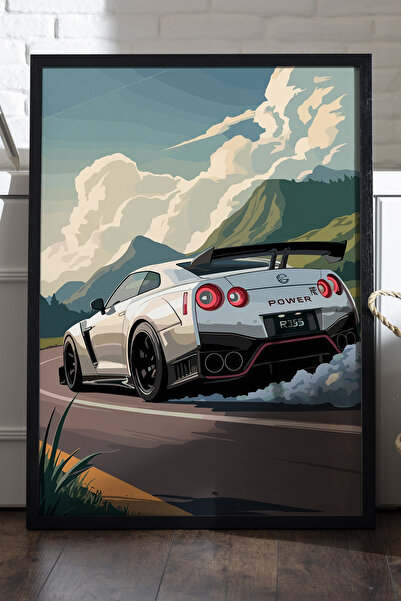 Duvarda Nissan GTR Siyah Ahşap Çerçeveli Poster, Dekoratif Araba Duvar Tablosu