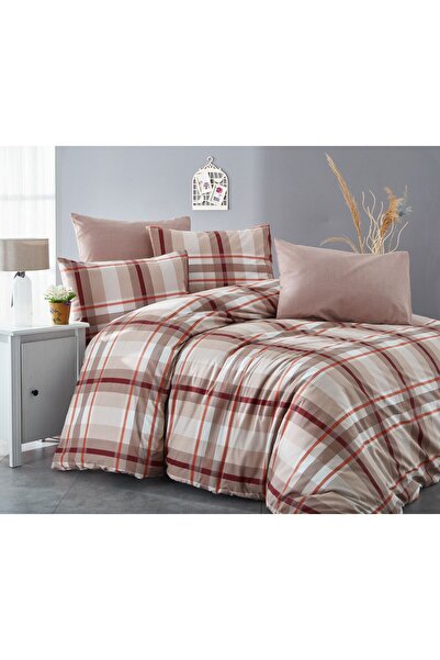 Bella Home Single Plaid Ranforce Duvet Cover Set - Elasticless Sheet Brown