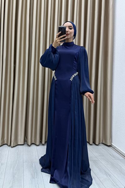 Matik Abiyem Bell Stone Embroidered, Chiffon Pleat Detail, Balloon Sleeves, D Mock Neck Long Length, A-Line Elegant Evening Dress