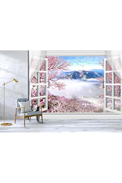 Grown Pembe Kiraz Çiçekleri ve Dağ Manzaralı Pencere Duvar Kağıdı