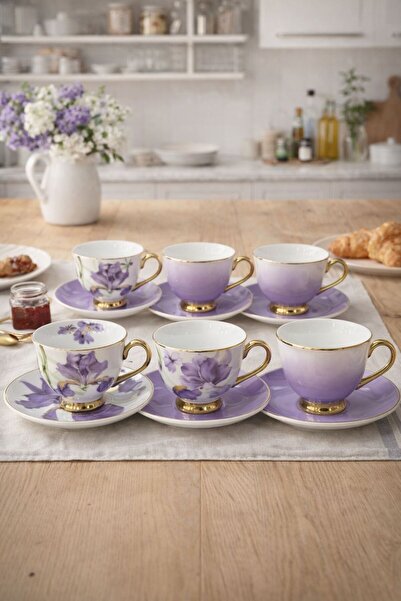 Evila 6’lı Porselen Mor Kahve Fincan Takımı – Altın Yaldızlı, Çiçekli Özel Ta...