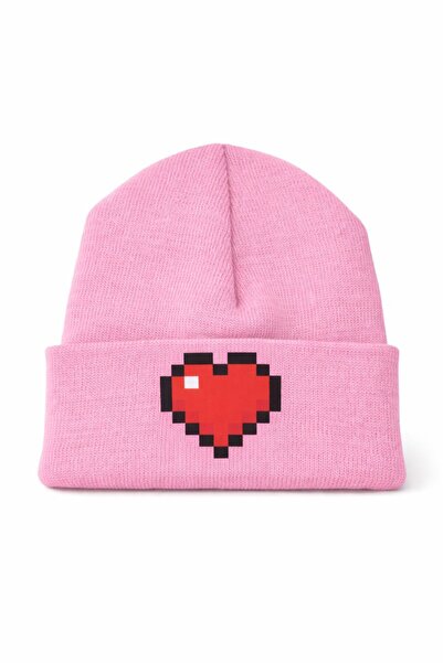 Middles&Niddles Collection Pixel Kalp Baskılı Pembe Bere – Unisex Teenage Gün...